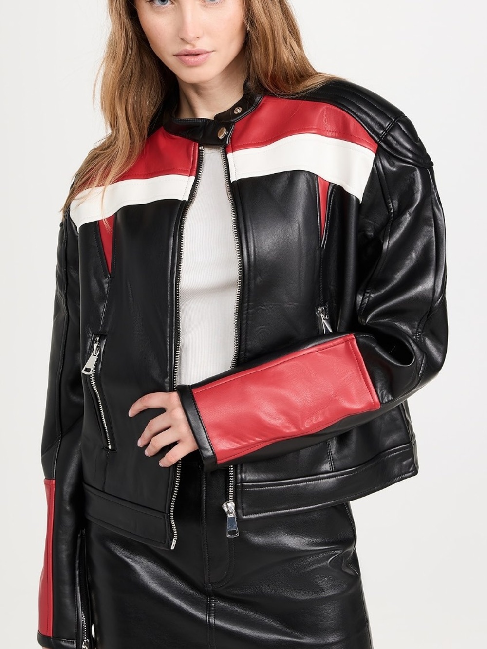 Lioness Top Model Faux Leather Biker Jacket Black Red White XXS